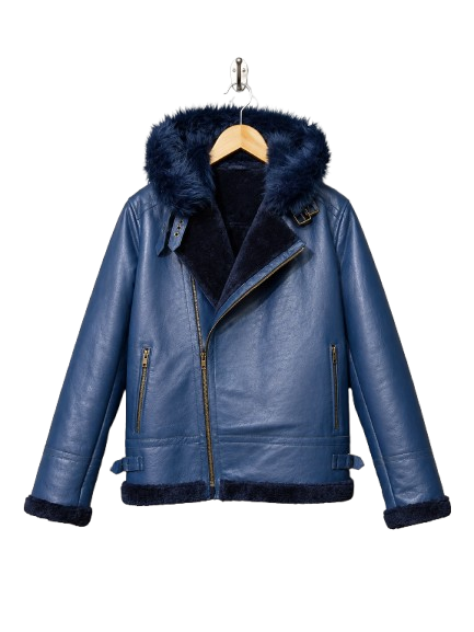 Blue Leather Aviator Shearling Jacket - Image 4